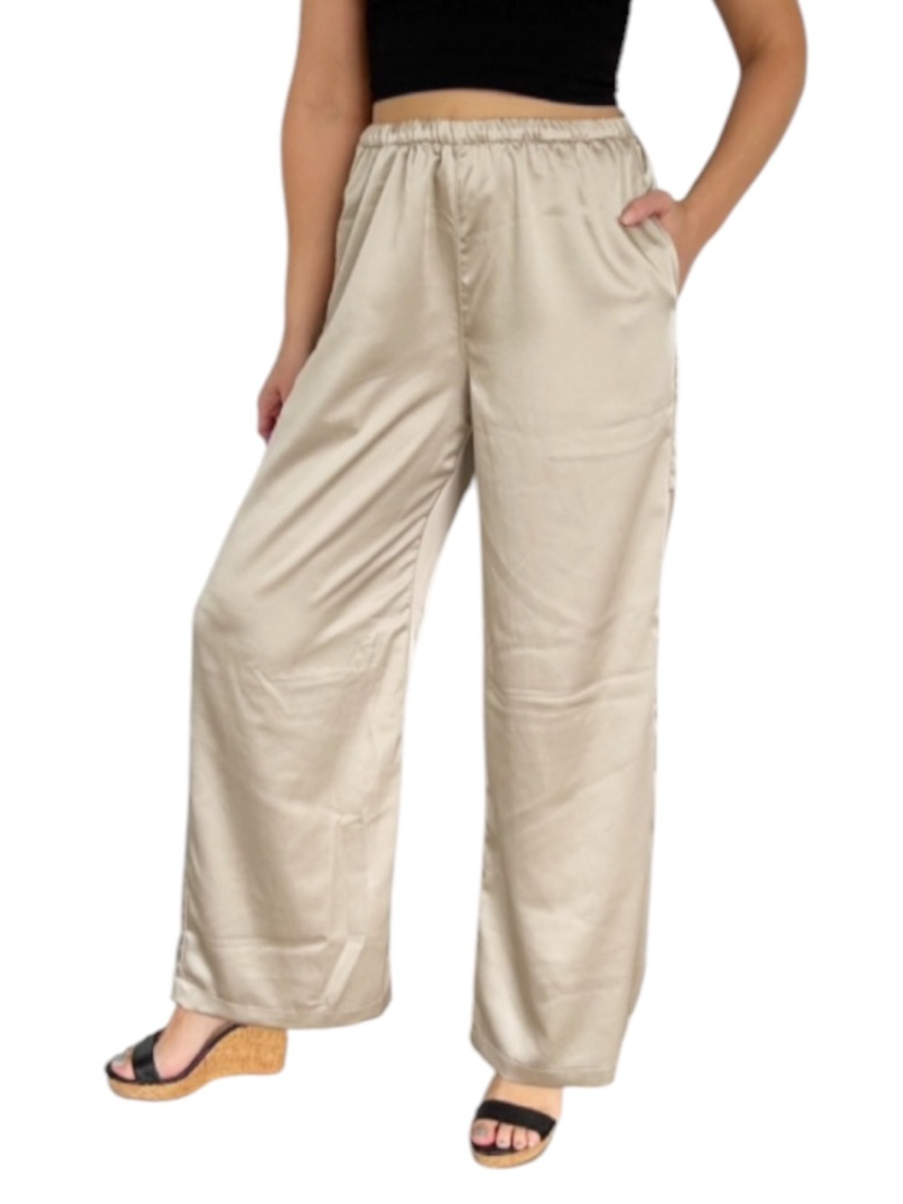 UNIQLO gold satin high rise wide leg elastic waist drawstring pants size medium